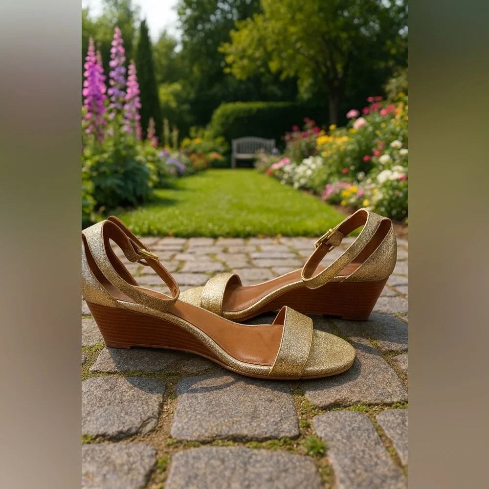 Tory Burch Gold Ankle Strap Wedges 8